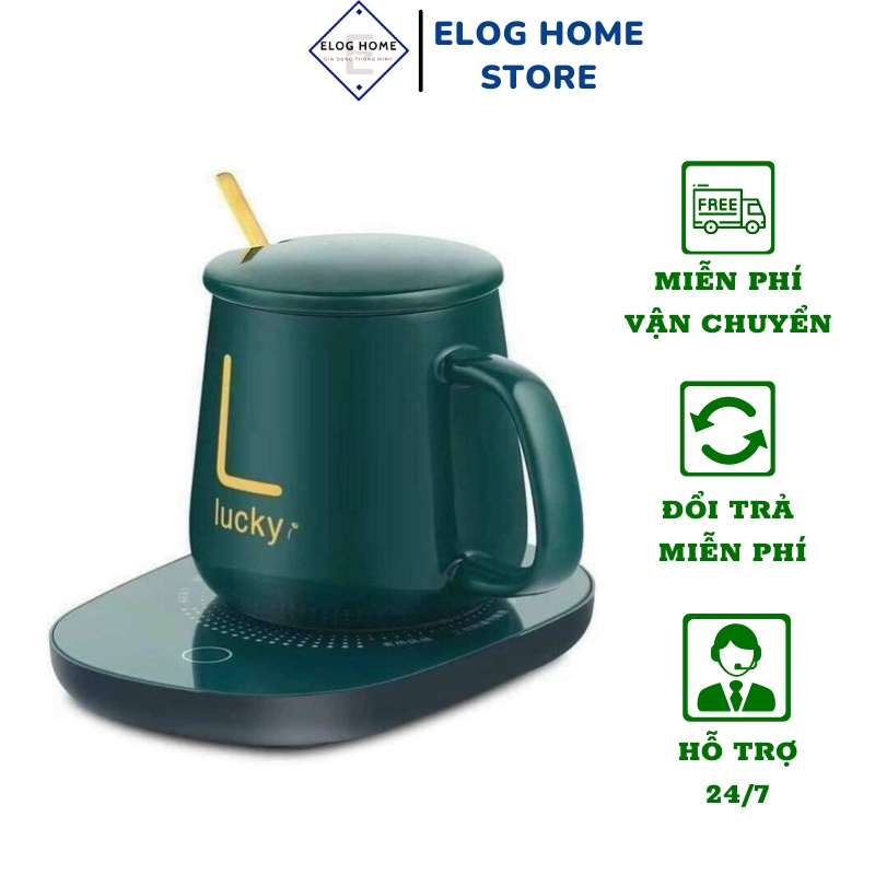 Bộ cốc và đế điện hâm nóng đồ uống bằng sứ Lucky hộp cao cấp, ly sứ đế điện kèm thìa hâm nóng cà phê, trà, sữa đa năng