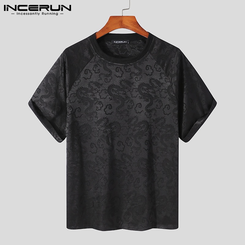 Áo thun nam INCERUN dáng rộng tay ngắn in họa tiết rồng phong cách Trung Hoa retro