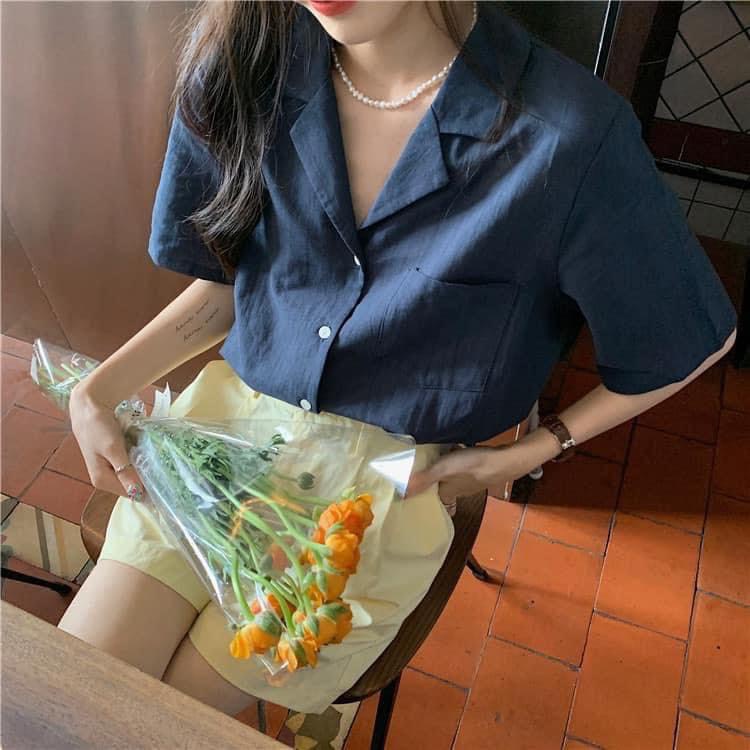 LOVI SHOP - Áo sơ mi cổ vest nữ tay lửng chất đũi 6 màu Áo tay lỡ cổ bẻ khuy cài form rộng dáng suông Lovi