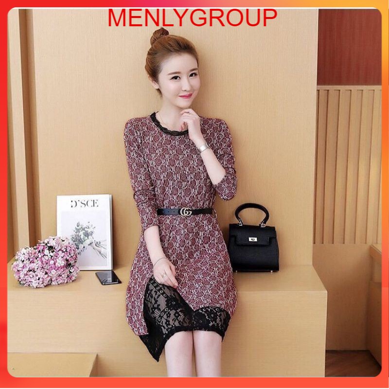 ĐẦM XÒE IN HOA HỒNG CHÂN REN KÈM BELT