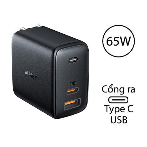 Củ Sạc Nhanh Aukey 65W OMNIA 2 Cổng PA-B3 - Hàng Chính Hãng, 1 cổng Usb, 1 cổng type C, chân gập tiện lợi