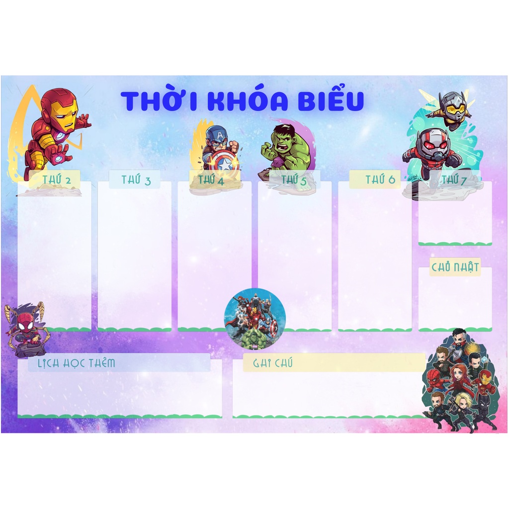 Set 2 thời khóa biểu - timetable Avenger - siêu anh hùng Marvel giấy decan dễ thương kích thước A5