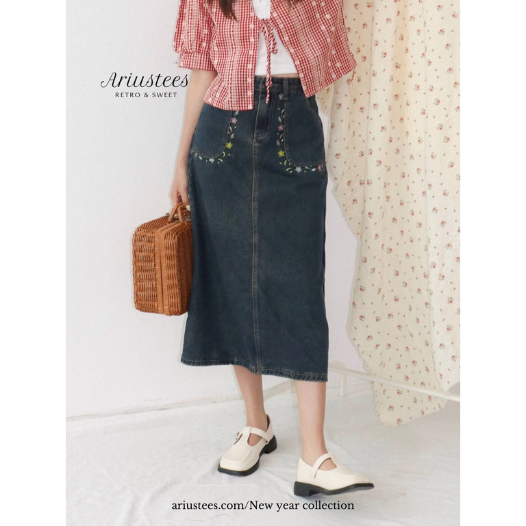 ariustees- Chân váy Flowery midi denim skirt