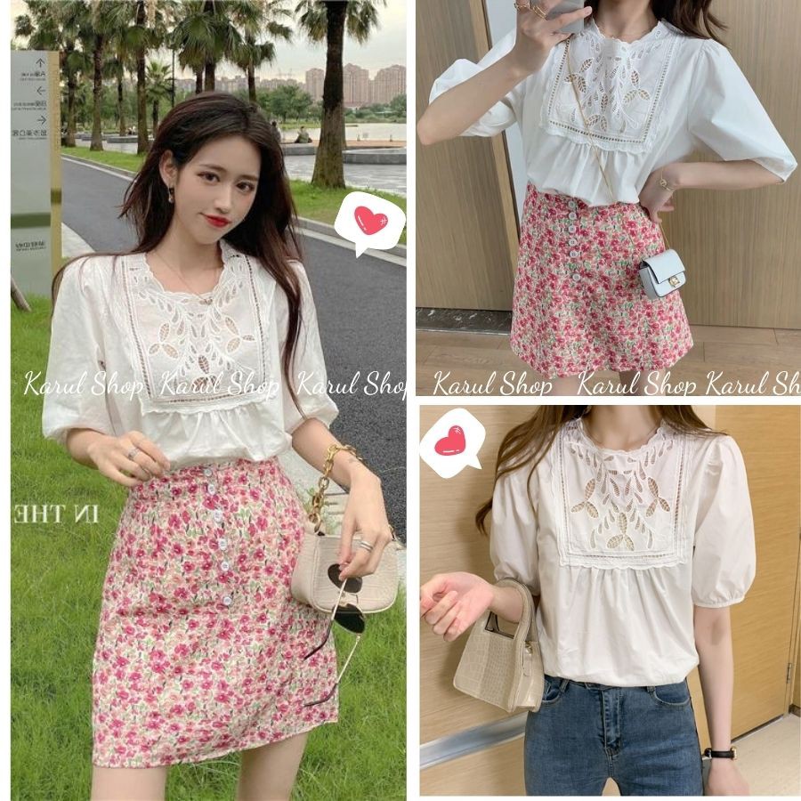 Áo sơ mi nữ trắng cộc tay bồng thêu cổ bản to babydoll, Áo sơ mi nữ tay lỡ cổ ren phối thêu hoa ngực bản to