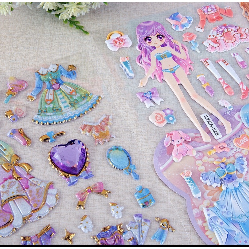 Set 2 tờ Sticker Nổi 3D Công Chúa Tờ Thay Trang Phục Siêu Độc Đáo