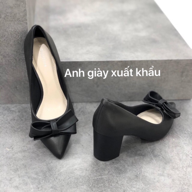 CG73 - Giày da lì mũi nhọn gót vuông 5p nơ VNXK ( ảnh thật,kèm video)