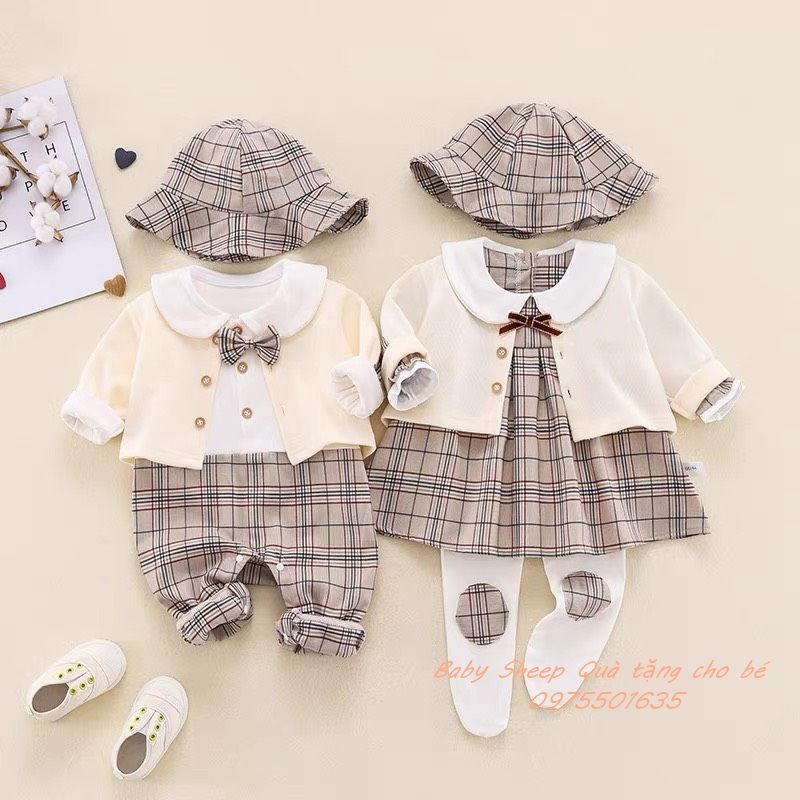 (Váy+Mũ+Áo Khoác+Tất) Set 4 món Váy bé gái và Body bé trai kèm mũ phong cách Hàn Quốc cho bé từ 0-3 tuổi