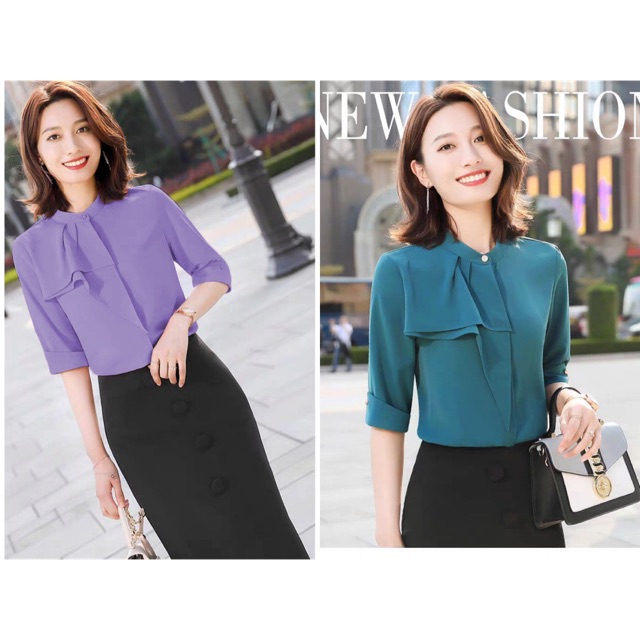 Áo sơ mi nữ công sở kiểu tay lỡ cổ trụ size S M L XL