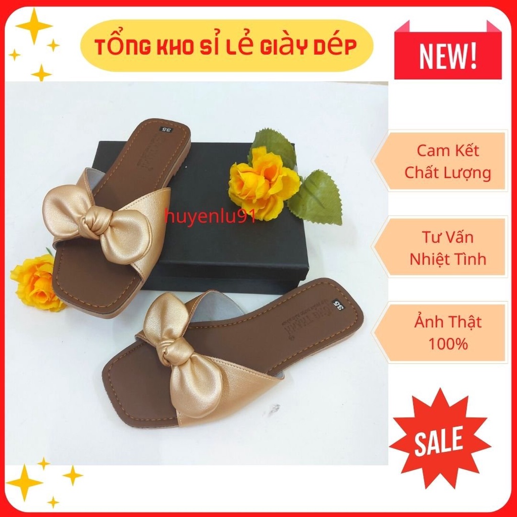 Dép lê thắt nơ,dép thời trang da mềm êm chân, sandal nữ quai ngang đế kếp HL0014