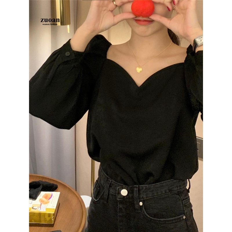 SUXI Áo Sơ Mi Dành Cho Nữ Cổ Trái Tim Màu Đen