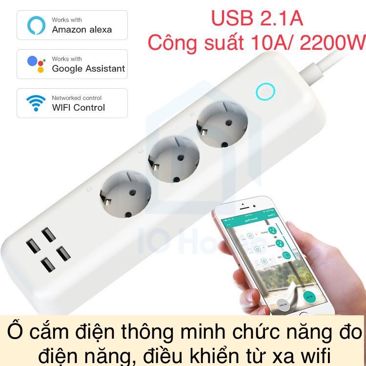 Ổ cắm nối dài thông minh điều khiển từ xa qua wifi, Hẹn giờ cổng sạc USB - Chuẩn Châu Âu, có đo điện năng tiêu thụ