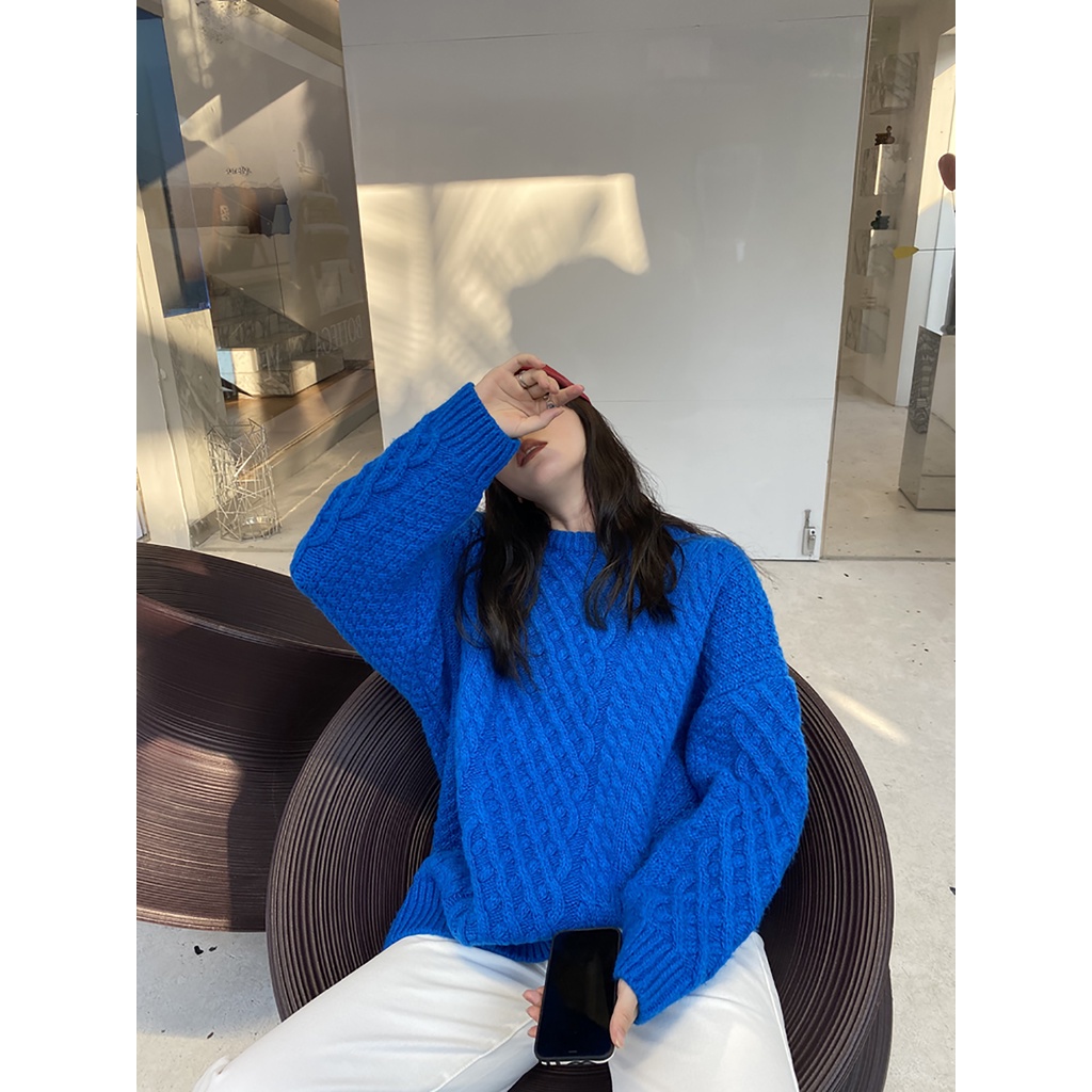 DUNEA Áo Sweater Dệt Kim Dáng Rộng Màu Xanh Dương Phong Cách Hàn Quốc Cho Nữ