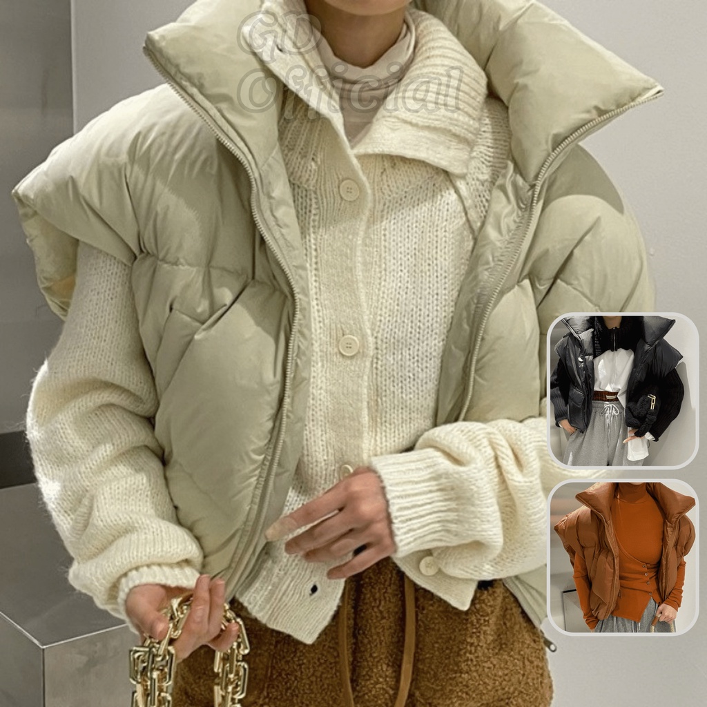 K89|Áo khoác phao cổ lọ phong cách retro khóa kéo chằn bông dày dặn dáng gile năng động cho nữ be, cam, đen GD Official