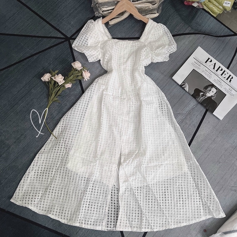 ĐẦM TRẮNG Ô NHÍ TAY BO CỔ VIỀN HẠT XẺ TÀ