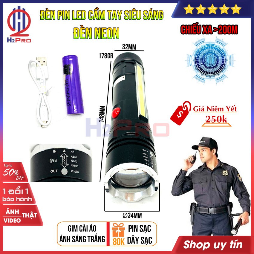 Đèn pin LED siêu sáng mini pin sạc H2Pro cao cấp hỗ trợ ZOOM x2000-chiếu xa 200m (1 chiếc), tích hợp đèn neon-LED trắng