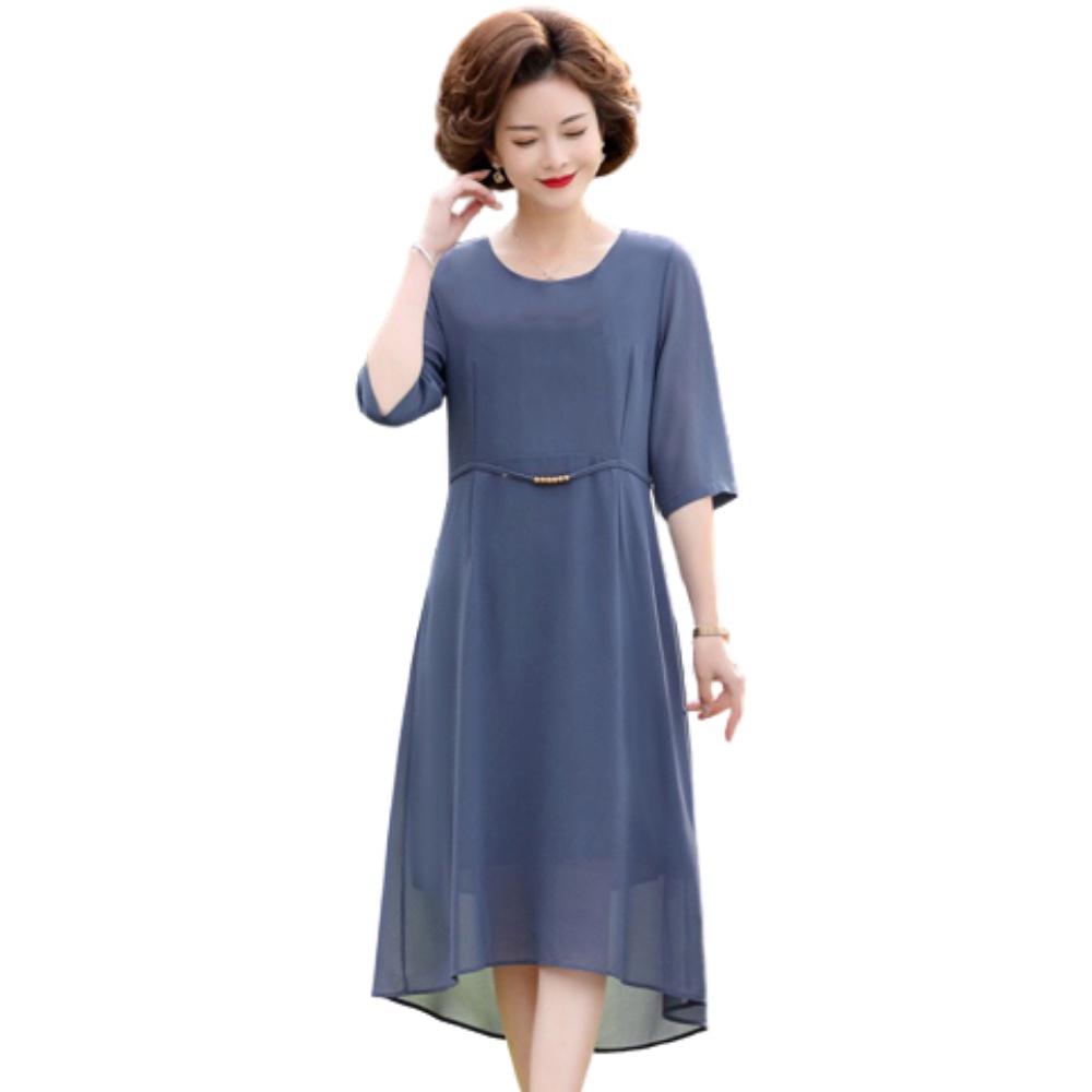 Đầm trung niên dự tiệc dáng thanh lịch sang trọng không họa tiết , cổ tròn tay lỡ form dài đến bắp chân