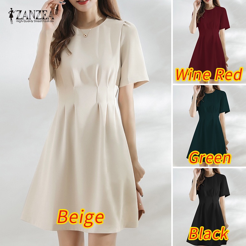 Đầm Zanzea dài ngang gối tay ngắn cổ tròn phong cách Hàn Quốc thanh lịch dành cho nữ