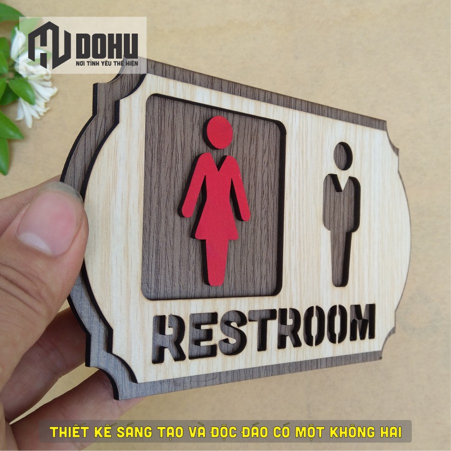 Bảng Restroom Treo Nhà Vệ Sinh, Nhà Tắm, Toilet, WC [DOHU322] Làm Bằng Gỗ Cắt Laser 3D Chìm Nổi (Có băng keo 2 mặt)