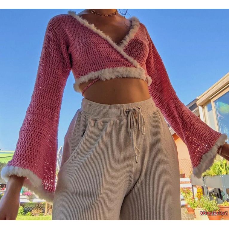 OKDK-Women Vintage Knitted Crop Top Y2K Aesthetic Tie-up Cardigans Retro Long Sleeve V-neck T-shirt Sweaters