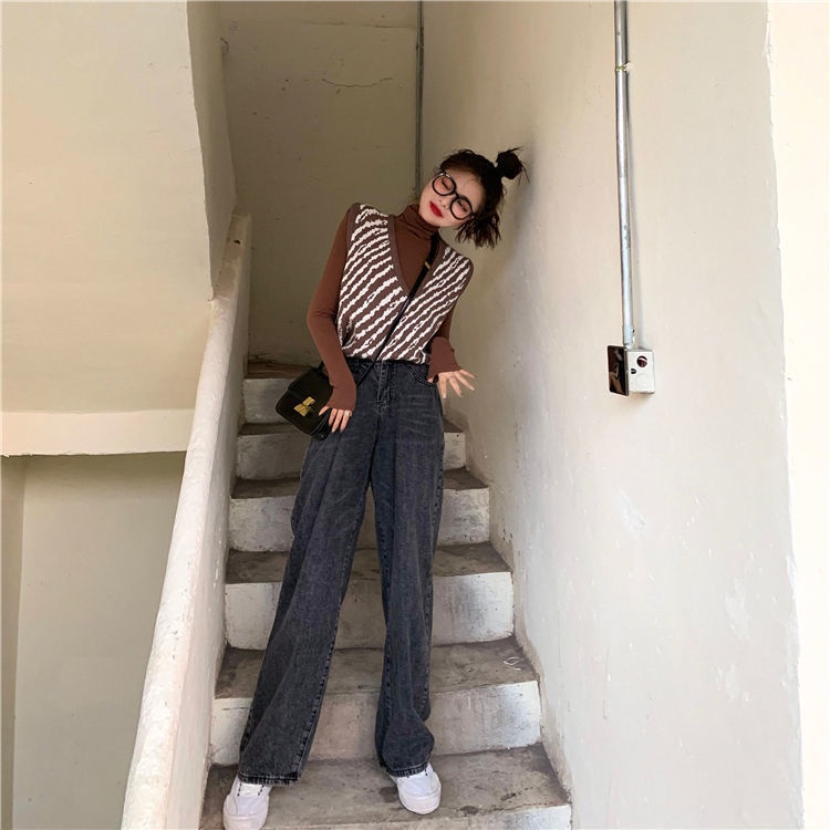 Áo Len Không Tay Dáng Rộng Họa Tiết Sọc Caro Phong Cách Retro Hàn Quốc