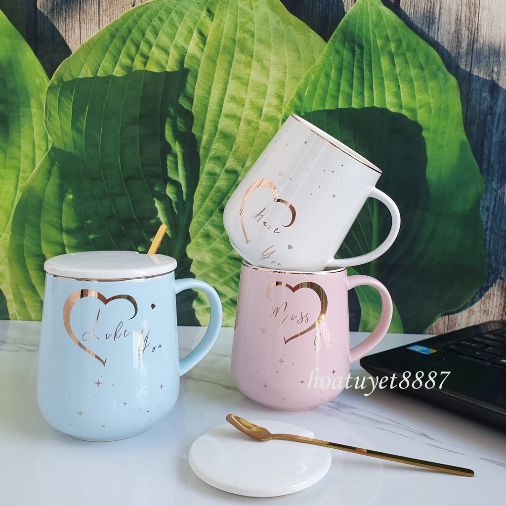 Ly cốc sứ đôi hình trái tim có nắp và thìa dung tích 420ml