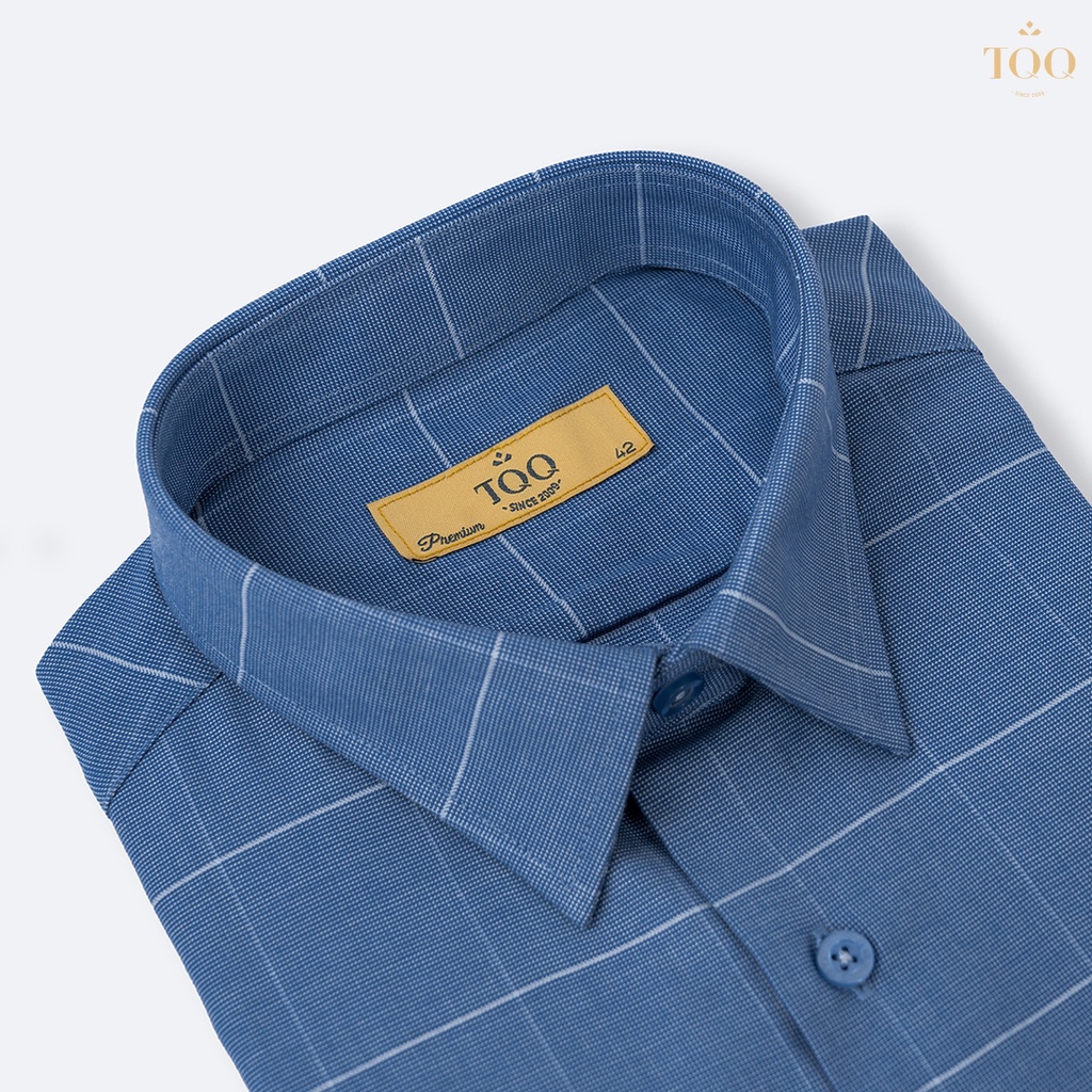 Áo sơ mi nam dài tay TQQ dáng Slim fit công sở ôm nhẹ K143CS-CSB xanh biển kẻ trắng nhã nhặn lịch sự