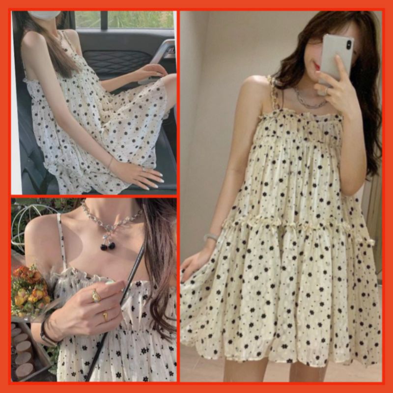 Đầm 2 Dây Hoa Nhí Đen Ngực Bèo Nữ[FREESHIP]Váy dáng ngắn phong cách tiểu thư