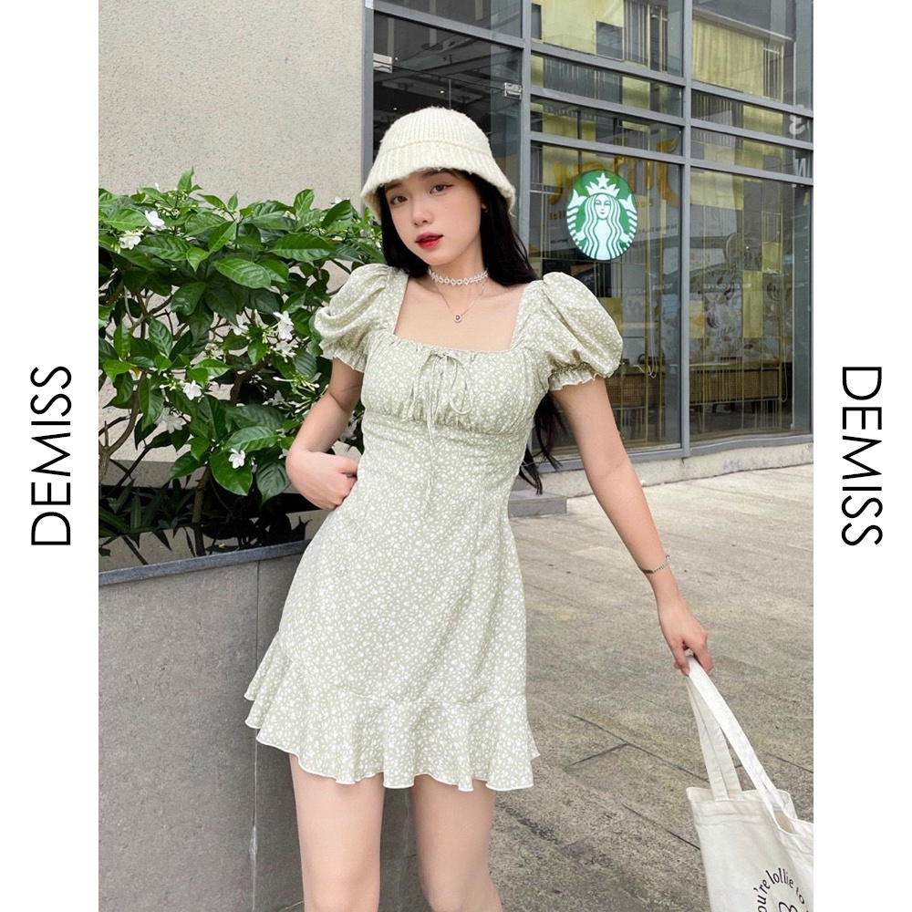 Đầm Hoa Xanh 💖DEMISS💖 Váy Hoa Xanh Nơ Lưng Chân Bèo Đính Nhíu Ngực Nhẹ Nhàng - V-HOA-74