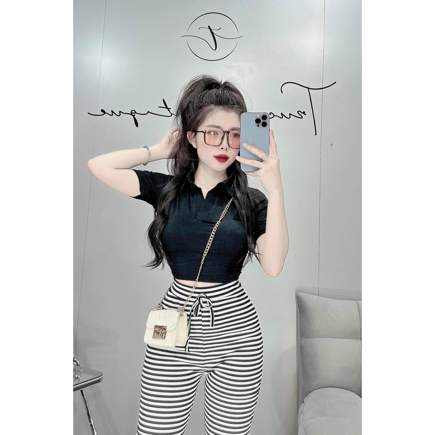 sét bộ gân quần kẻ sọc phối áo cổ trụ ngắn tay