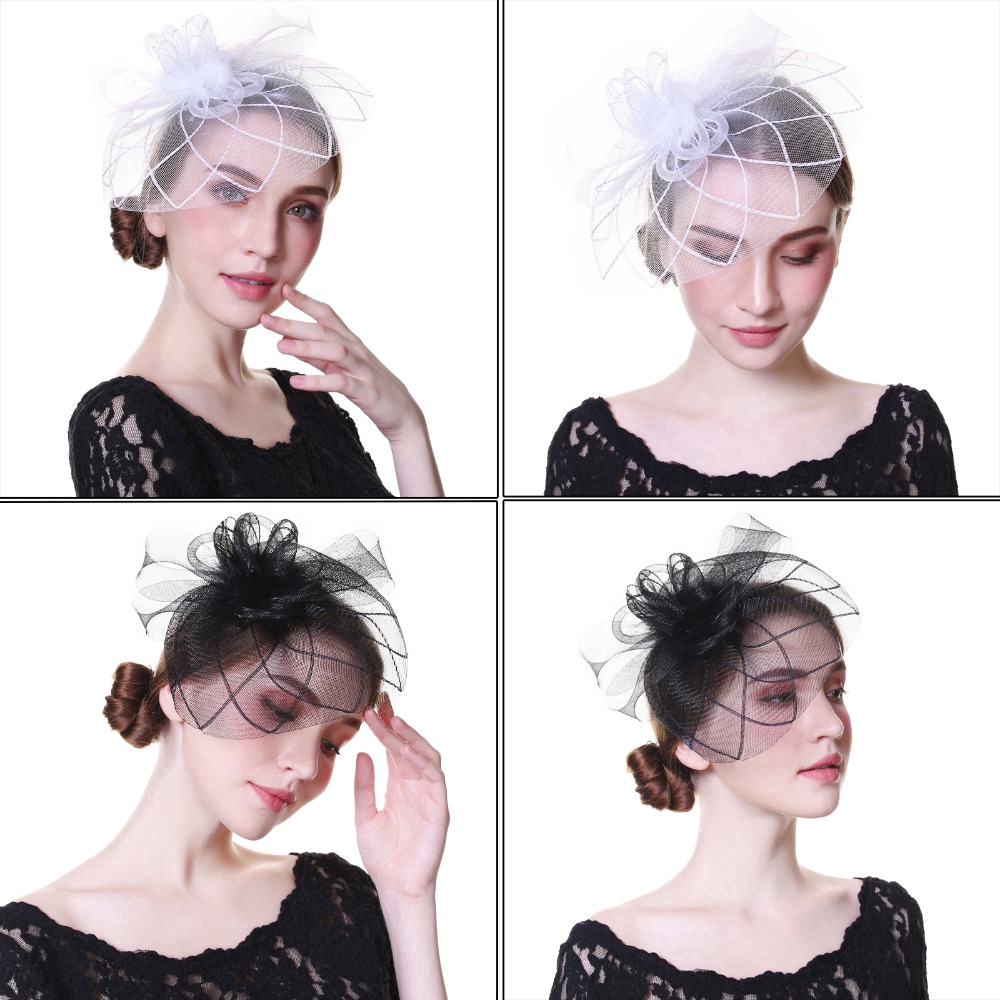 Mũ lưới kèm mạng che mặt đính hoa và lông vũ đội đầu