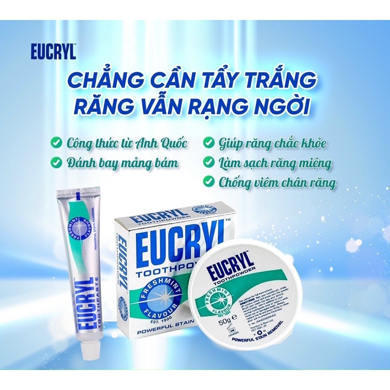 Bột và kem tẩy trắng răng Eucryl Tooth Powder Mỹ làm sạch các vết ố, mảng bám lâu ngày - CO093