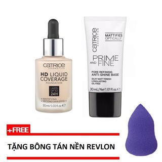Combo Kem nền và Kem lót CATRICE HD LIQUID COVERAGE FOUNDATION + Tặng bông Revlon