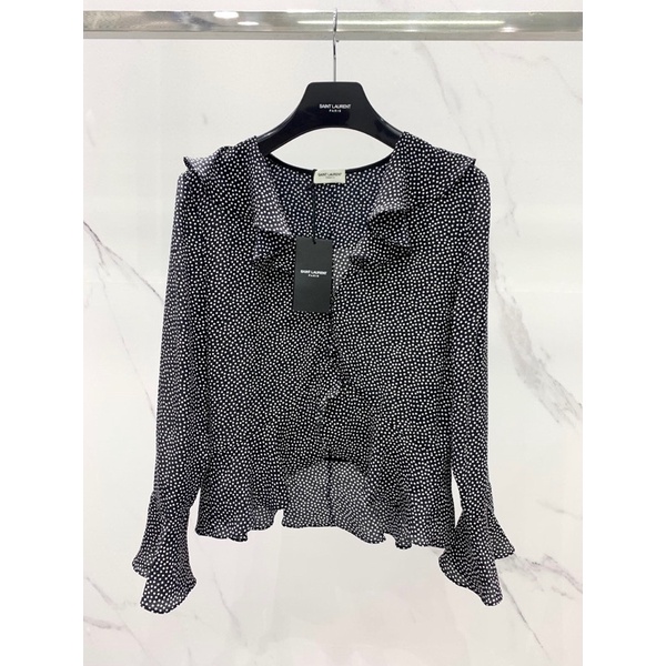 Áo sơ mi lụa chấm bi cổ bèo cao cấp thương hiệu Saint Laurent YSL 2022