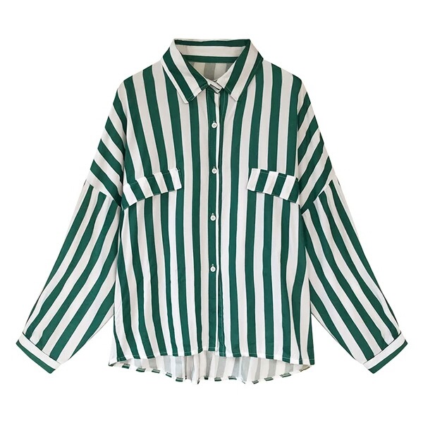 THEODORA M-4XL Black/Green stripe long sleeve plus size mid-long boyfriend shirt Button down bigsize women blouse Fashion loose modern wear