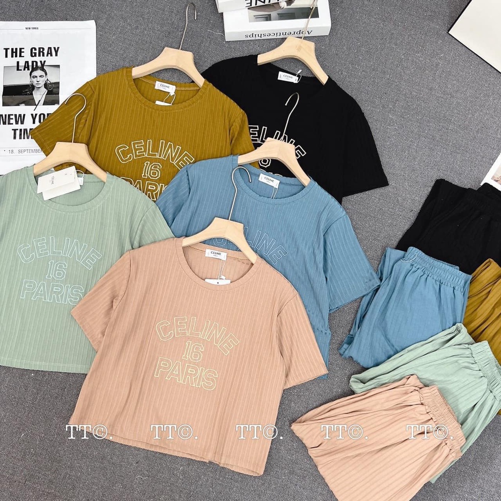 Đồ bộ nữ, set đồ bộ quần baggy đai cao có túi và áo croptop ngắn tay form rộng THÊU CHỮ vải thun cotton gân borip dày