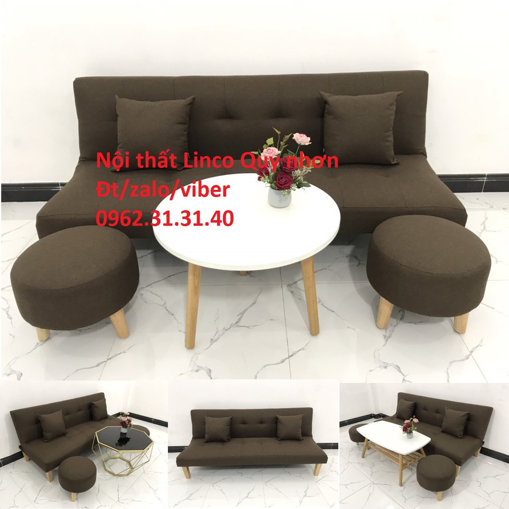 Bộ bàn ghế Sofa giường SFG08 màu nâu cafe vải bố sofa giá rẻ bàn ghế sofa nhỏ phòng khách Nội thất Linco Quy Nhơn