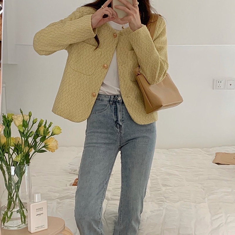 Áo Khoác Dạ Tweed Hàn Quốc, Áo Khoác Dạ Nữ Vàng Chanh