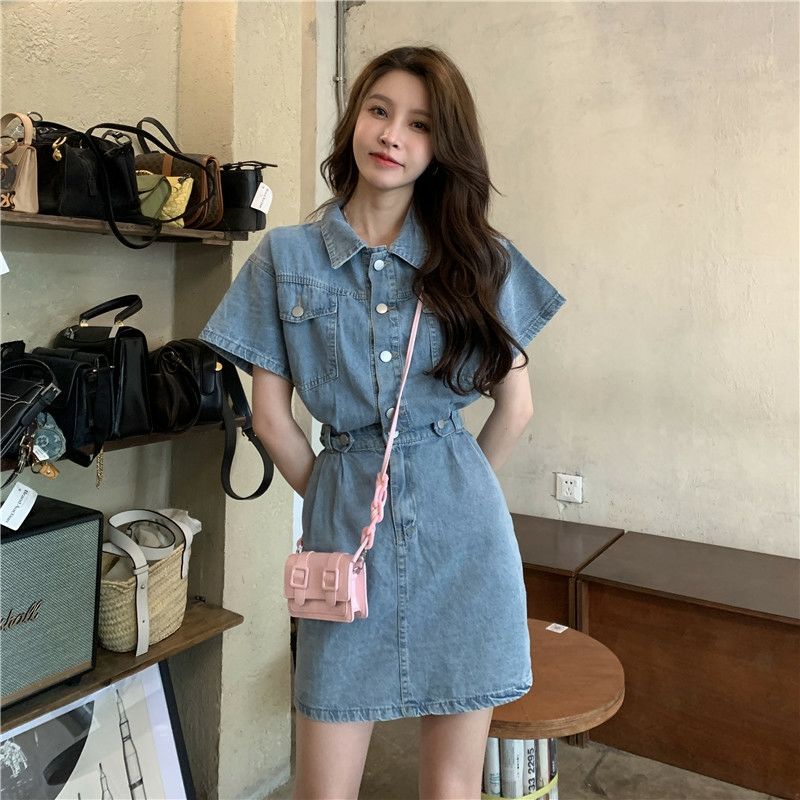 Đầm Denim Cổ POLO Nhấn Eo Dáng Chữ a Phong Cách Retro Hàn Quốc Thời Trang Mùa Hè Cho Nữ