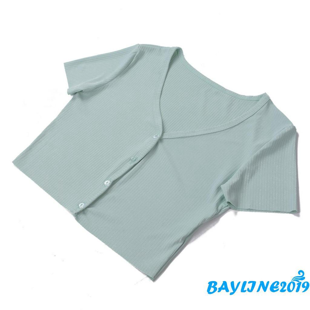 Áo Croptop Dệt Kim Tay Ngắn Cổ Chữ V Thiết Kế Đơn Giản Cho Nữ