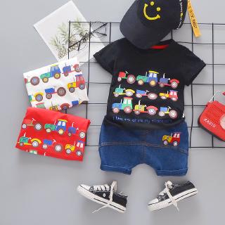 Set áo thun cotton cổ tròn ngắn tay in hình hoạt hình + quần short denim thời trang cho các bé 0-5 tuổi
