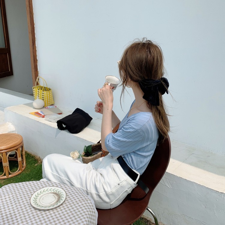 Áo len nữ ngắn tay cổ tim, áo len tăm thu đông trơn suông A64