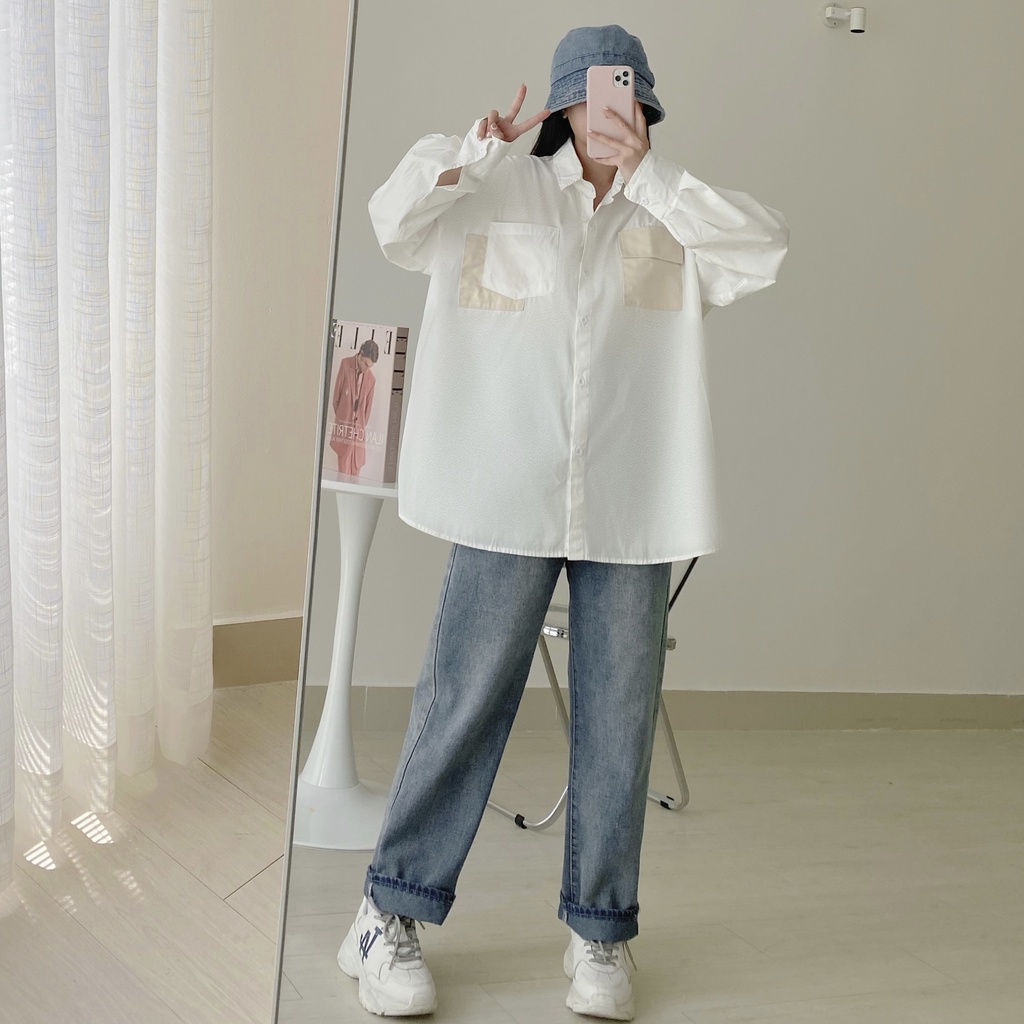 Áo Sơ Mi Nữ Kểu Tay Dài JEM CLOSET Form Rộng Thiết Kế Túi Đáp Ngực Phong Cách Chất Xi Cotton Mềm Mịn PANY 10329