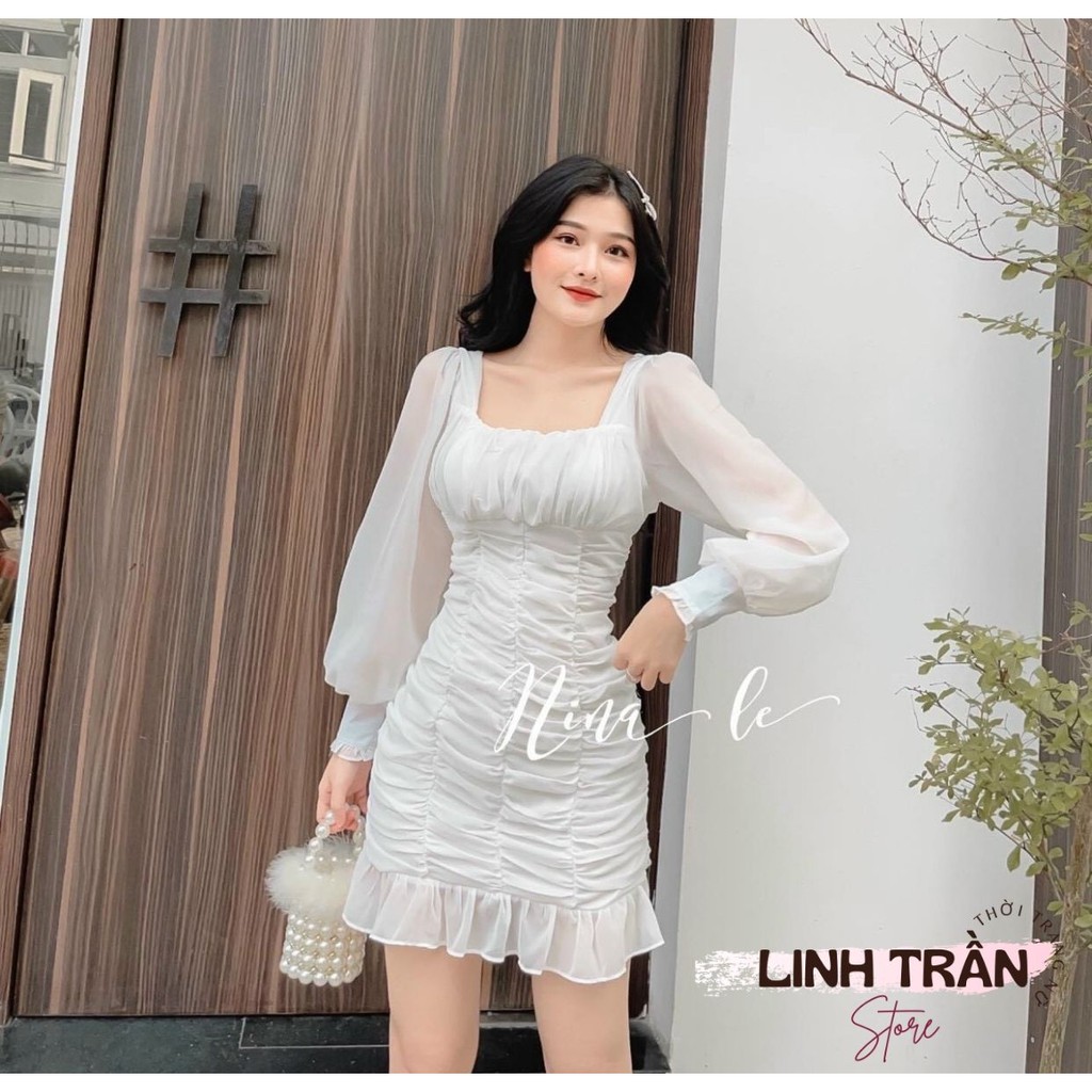 Đầm Trắng Voan Nhún Thân Chân Bèo 2 Lớp 🦋FREESHIP🦋 Váy Body Trắng Tay Dài Nhúng Thân Linh Trần Store