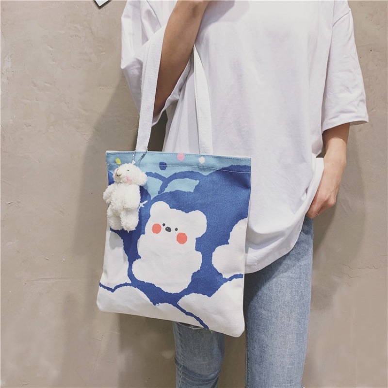 Túi vải tote hoạt hình gấu Ulzzang xinh xắn