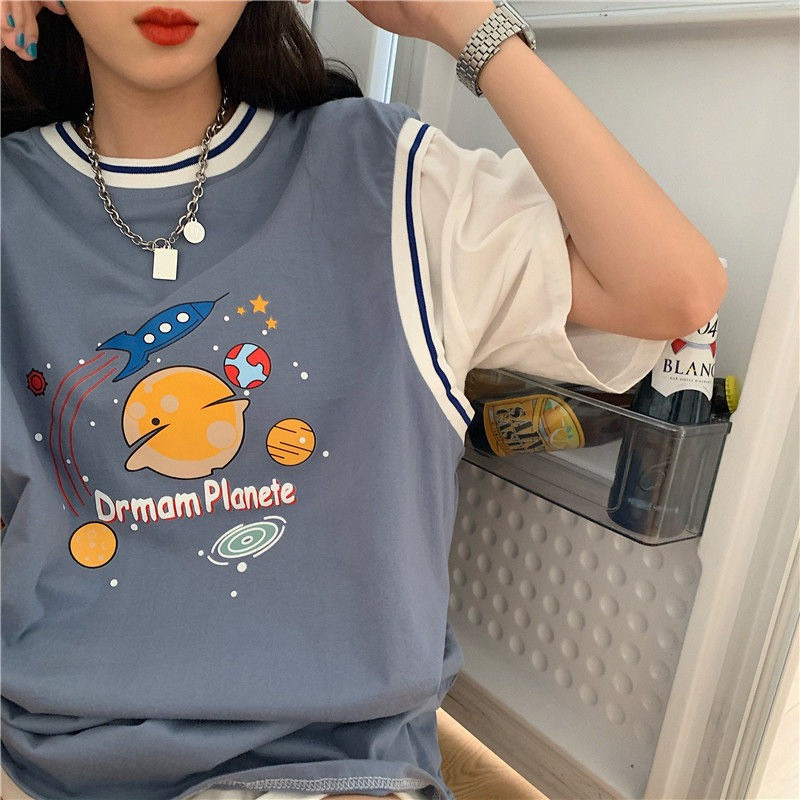 Áo thun tay lỡ phối tanktop kiểu áo bóng rổ unisex nam nữ form rộng PLANETE basic tee oversize 2 màu xanh đen siêu hot