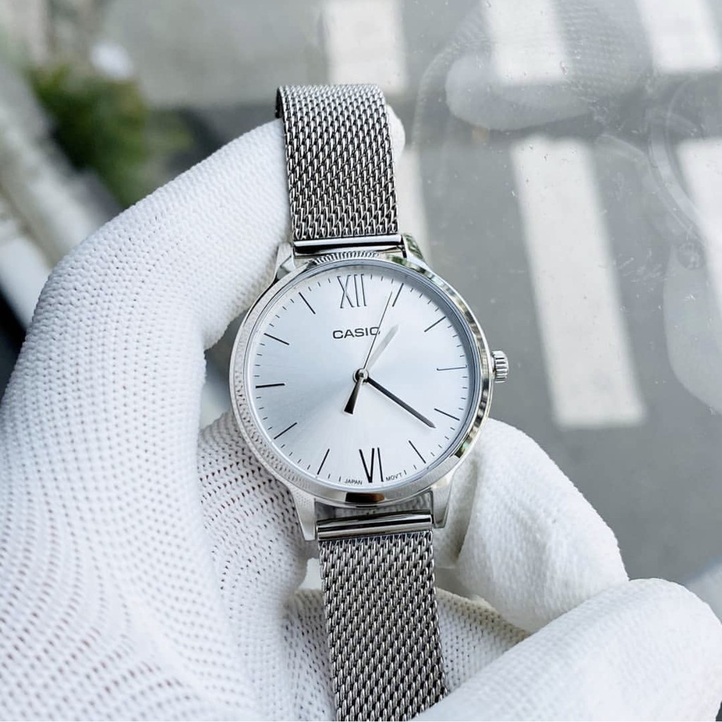 Đồng hồ Nữ Casio LTP-E157M-7A, đồng hồ chính hãng, dây mesh màu bạc