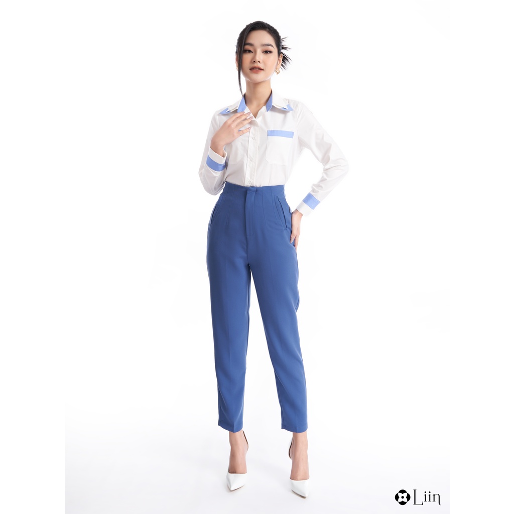 Áo sơ mi nữ linbi màu trắng phối viền blue thiết kế trẻ trung, thanh lịch liin clothing SM4134