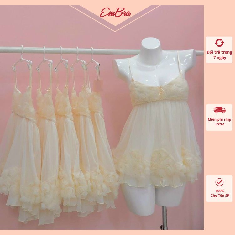 Váy ngủ 2 dây Embra ren lưới đính hoa hồng tiểu thư EBV28