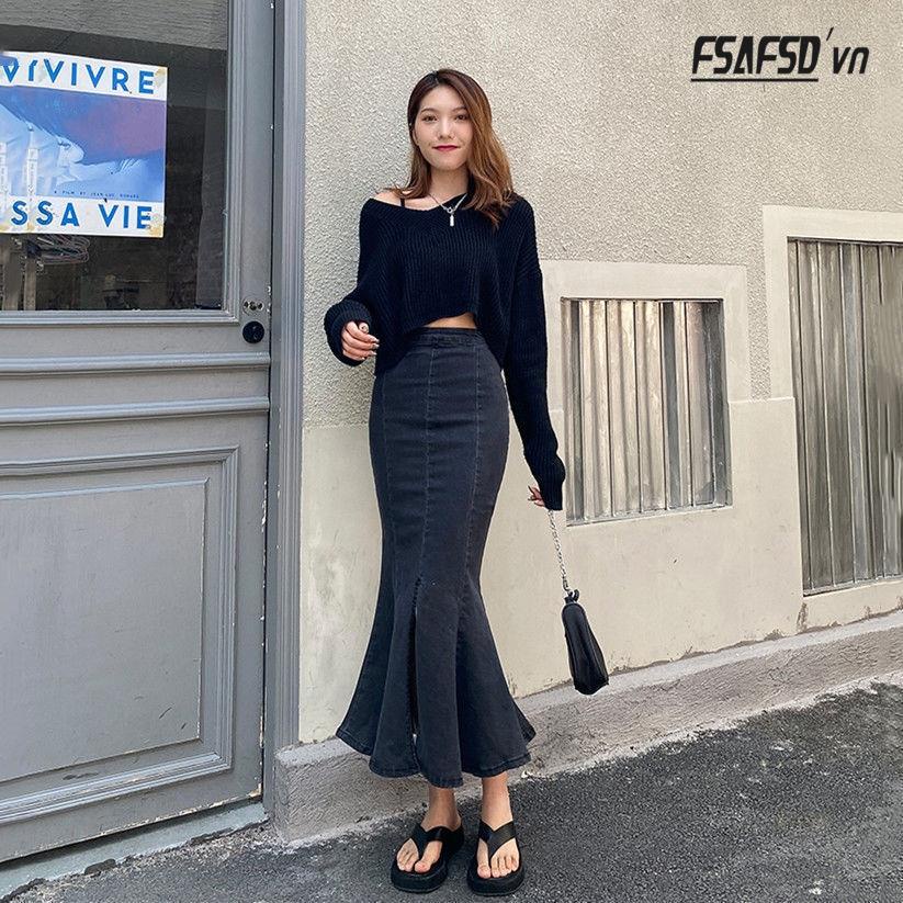 Chân Váy Denim Lưng Cao Xẻ Tà Thời Trang Dành Cho Nữ