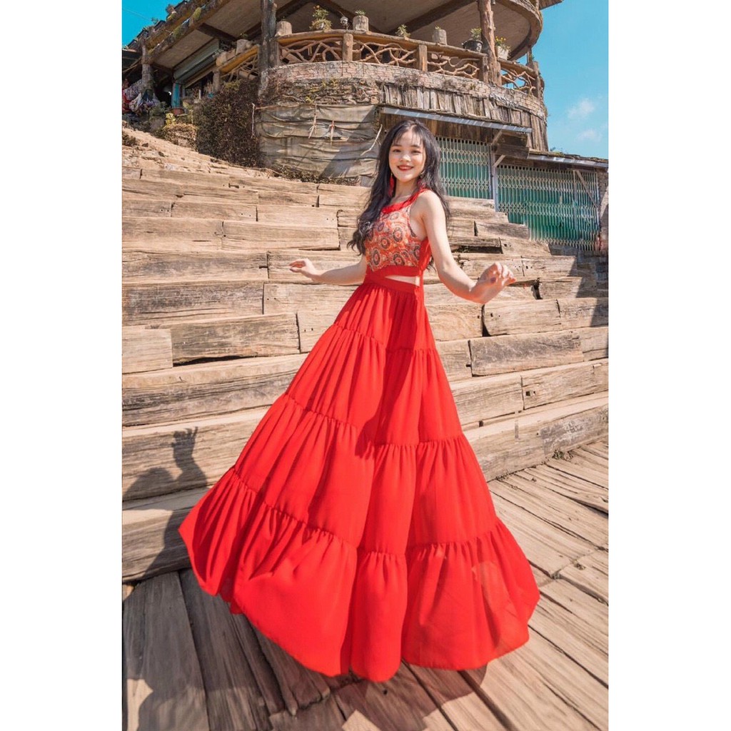 Đầm maxi đỏ cut eo chụp hình sống ảo siêu dễ thương HaKieu Msp048